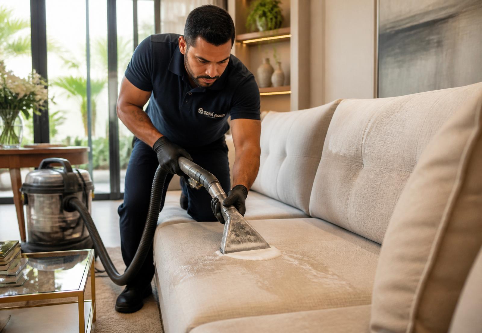 Profissional da RN Clean realizando limpeza de sofá em domicílio